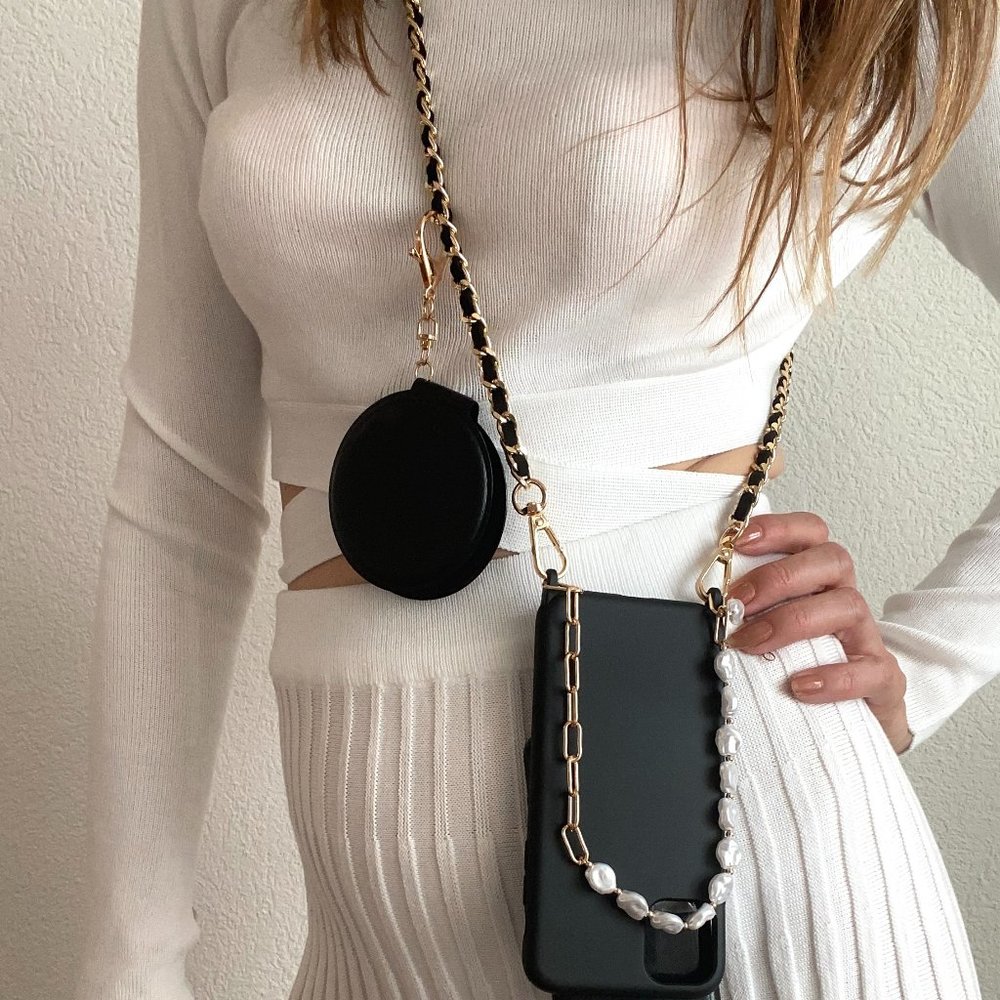 Luxury Crazy iPhone Case w/ Round Mirror - Chain Crossbody Lanyard Pearl Handle